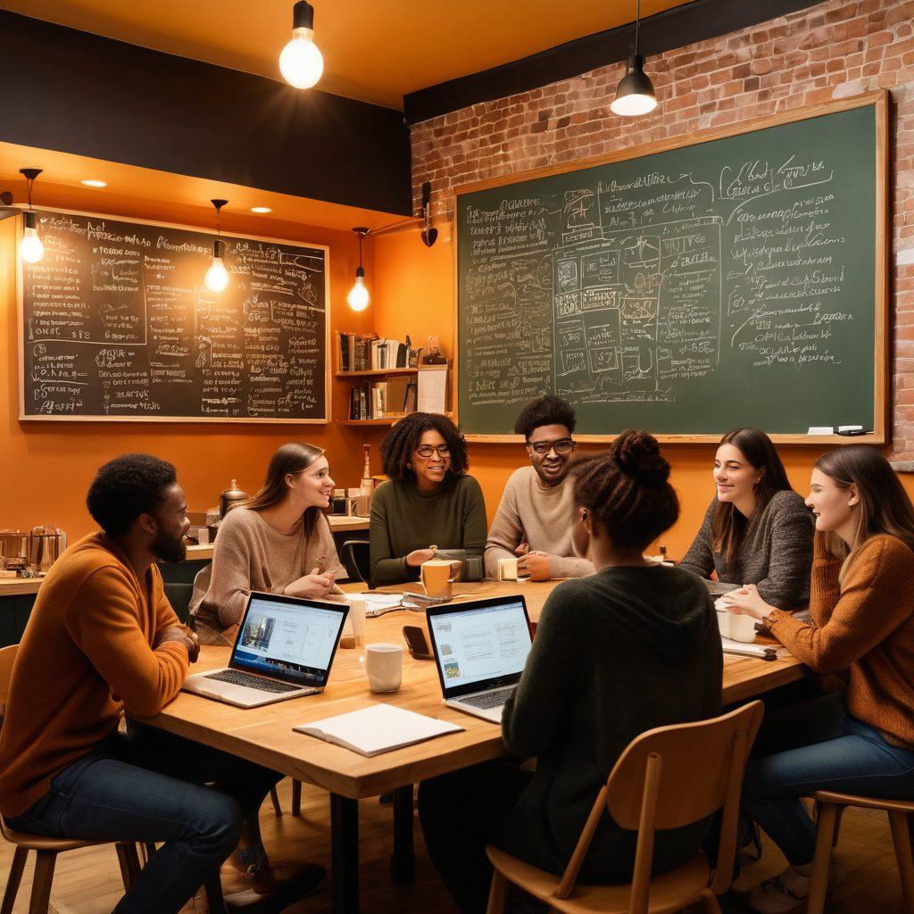 A diverse group of bloggers passionately discussing ideas at a cozy café, surrounded by laptops, coffee cups, and notebooks filled with creative sketches. In the background, a large chalkboard is filled with tips and insights on blogging success, with warm ambient lighting creating an inviting atmosphere. The scene conveys a sense of community, inspiration, and knowledge sharing among enthusiasts. super-realistic. warm colors. cozy setting.