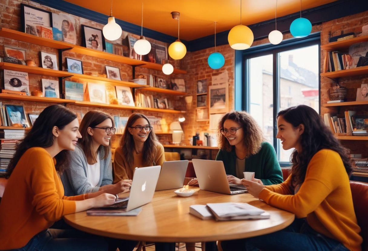 A vibrant, dynamic scene depicting a diverse group of bloggers passionately engaging with their audience in a cozy café. The atmosphere is warm and inviting, with colorful notebooks, laptops, and coffee cups scattered around. Include thought bubbles with engaging content ideas swirling above their heads, symbolizing creativity and connection. The background features shelves of books and modern art pieces to enhance the inspirational vibe. digital painting. vibrant colors. cozy ambiance.