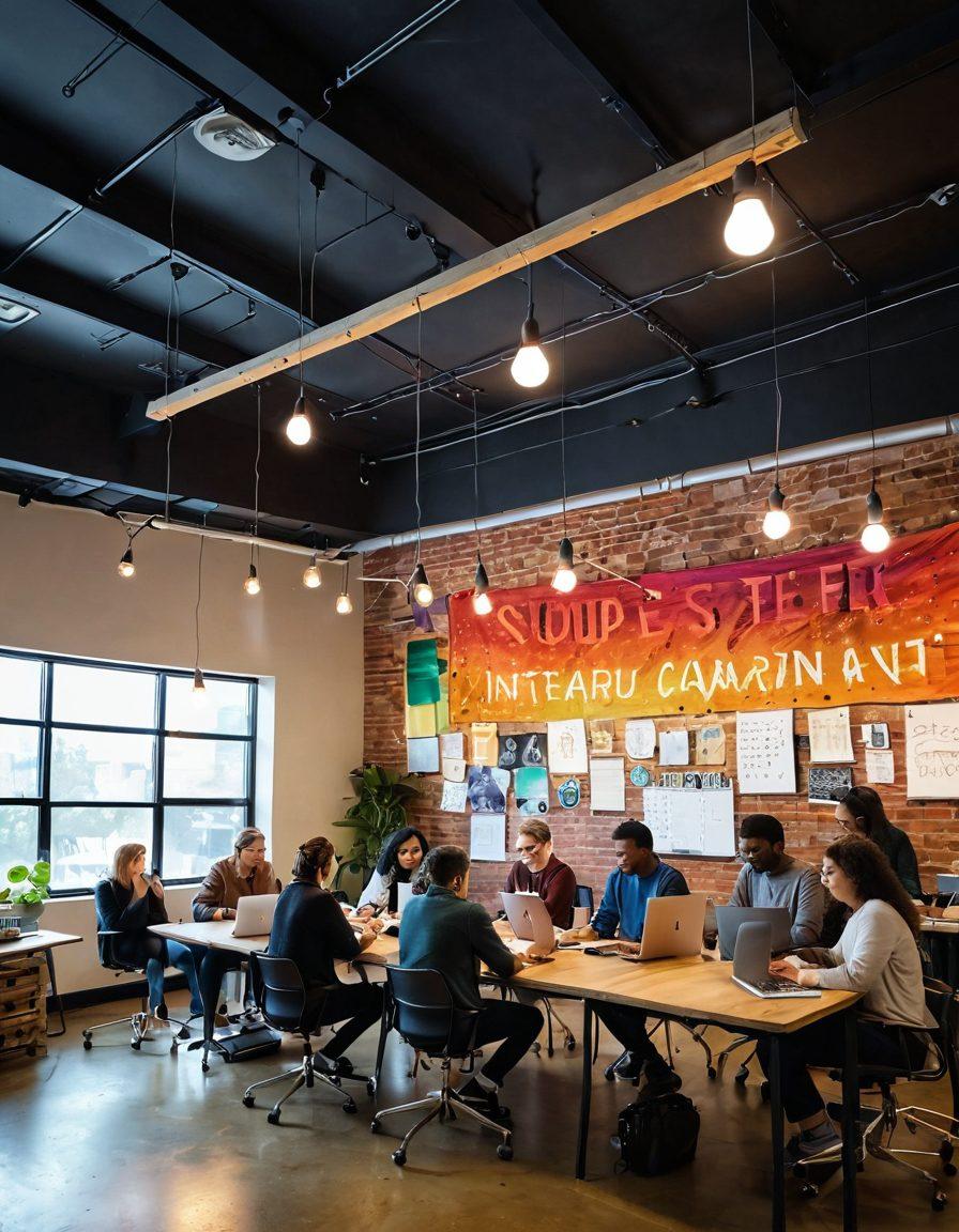A diverse group of creative individuals collaborating in a vibrant, open workspace filled with colorful brainstorming boards, laptops, and artistic tools. Sparkling light bulbs symbolize innovative ideas above their heads, while a large '8xy Community' banner hangs in the background, radiating a sense of energy and unity. The atmosphere is lively, showcasing the power of community in content creation. super-realistic. vibrant colors. 3D.